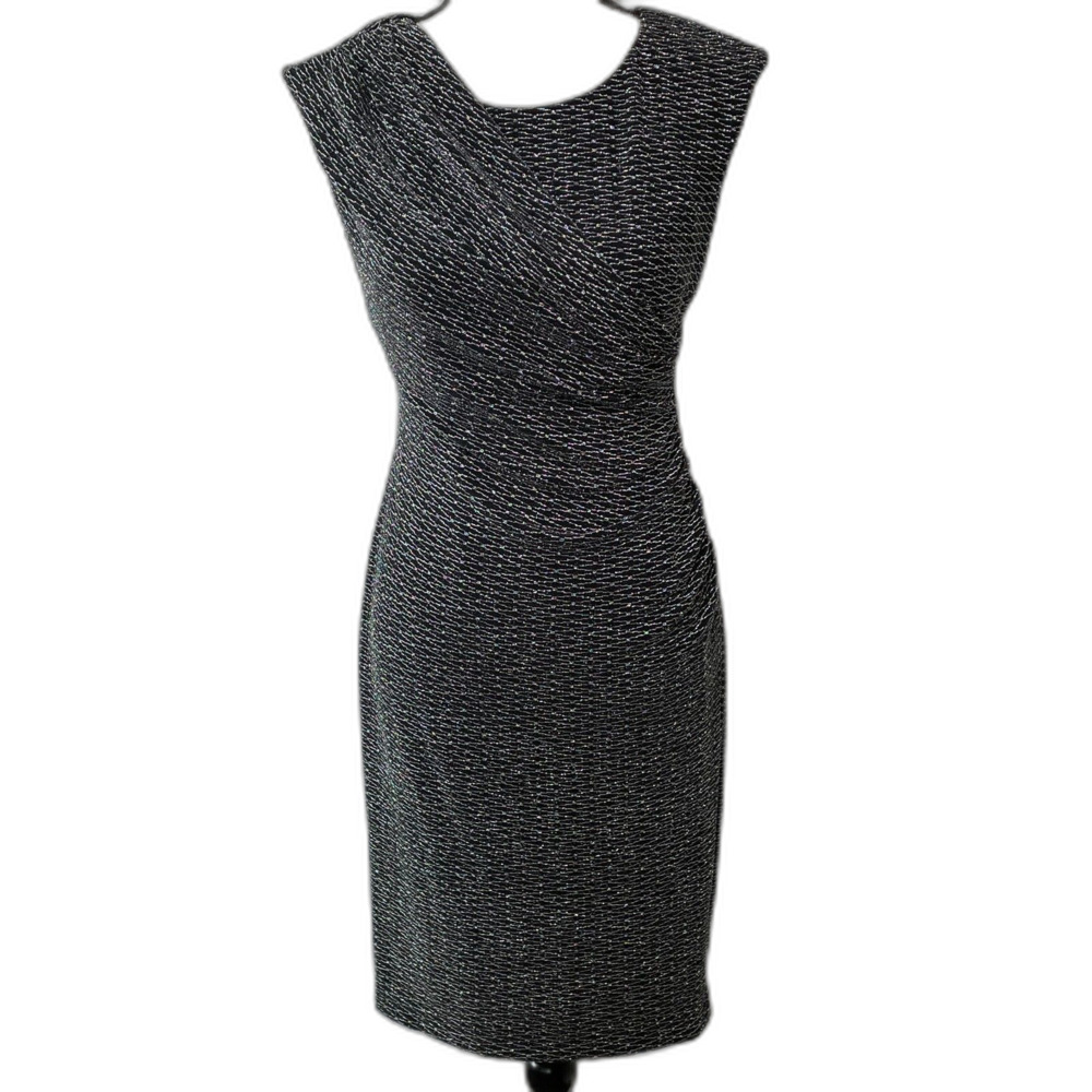 Womens Metalic Faux Wrap Dress Sleeveless Round Neck Knee Length Rom Com Dress